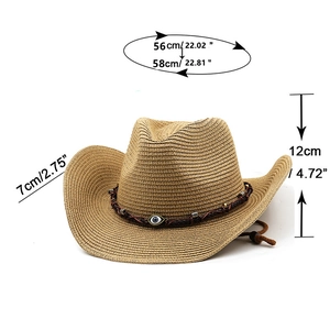 Classic straw cowboy hat with evil eye bead band and windproof cord for beach sun protection