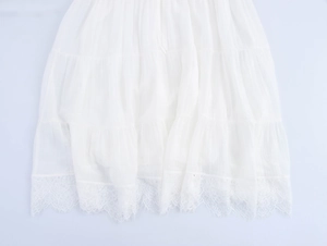 Détail de l'ourlet en dentelle délicate et de la texture plissée sur la robe blanche