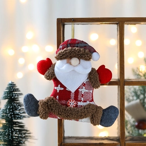 Christmas Santa plush ornament hanging in a cozy wooden frame with warm festive lights