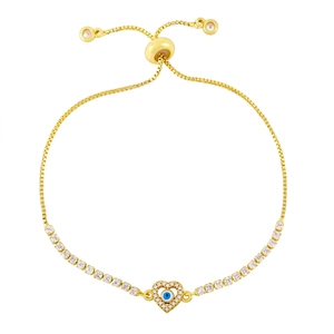Gold evil eye heart bracelet with adjustable slider chain and sparkling pavé crystals