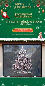 Macro detail of UV window stickers showing pink butterfly Christmas tree on glass