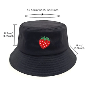 Black cotton bucket hat with strawberry embroidery for sun protection, 56-58cm size