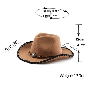 Detailed size chart of khaki cowboy hat with bull head ornament and stitched brim
