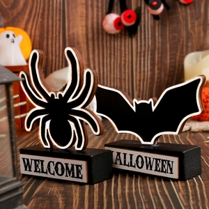 Décoration d'Halloween en bois avec motifs araignée, chauve-souris et Welcome