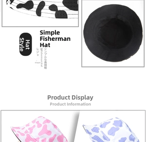Close-up of woven fabric texture and cow print patterns on various colored bucket hats