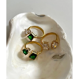 Chic 18k gold plated stainless steel open rings with emerald and clear zircon stones