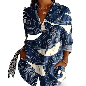 Women's loose casual long sleeve shirt with blue and white artistic fish print patterns