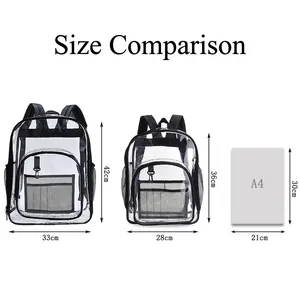 Transparent heavy duty PVC backpack size comparison with A4 paper and dual compartments