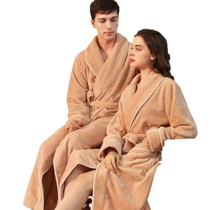Thick flannel winter long bathrobes for couples with classic shawl collar in beige