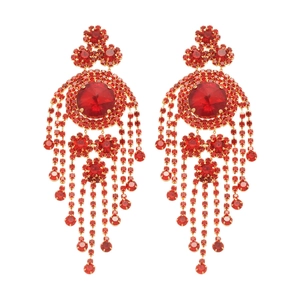 Elegant French geometric tassel earrings with red crystals and gold finish for women
