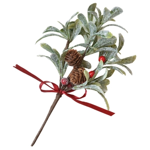 Christmas pine needle pick with pinecones, red berries, and snow effect with a red bow