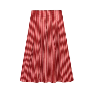 Detail of high-waisted red and white striped pleated midi skirt in A-line silhouette