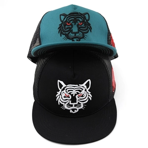 Flat brim mesh baseball caps with tiger head embroidery in green and black color variants