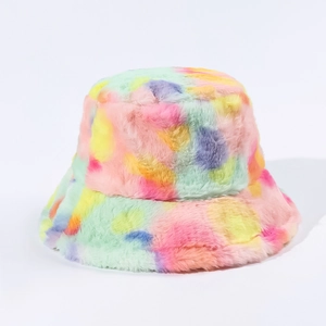 Colorful pastel faux fur bucket hat with fluffy texture in vibrant macaron shades