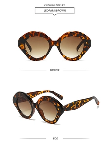 Detailed view of leopard print oval sunglasses with brown gradient lenses from two angles