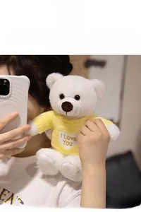 Gros plan d'un ours en peluche blanc avec un pull en maille jaune et cœur brodé