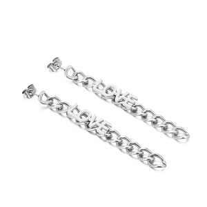 Silver long chain tassel earrings with metal LOVE letter charms for women