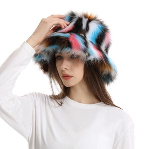 Close-up of vibrant multi-color faux fur bucket hat with thick plush camouflage texture