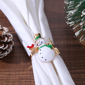 Detail of a snowman napkin ring with a green scarf and red bird on a white napkin