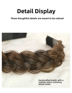 Close-up of a wide dark brown braided headband with realistic hair texture and grip