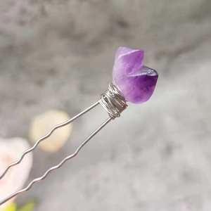 Handcrafted silver wire-wrapped hair pin featuring a natural purple amethyst crystal stone