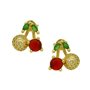 Close-up of cherry earrings with red stones, green leaves and crystal pavé details