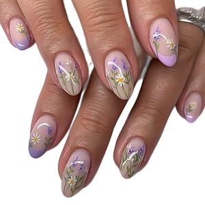 French tip press-on nails with purple lavender and white daisy floral nail art designs