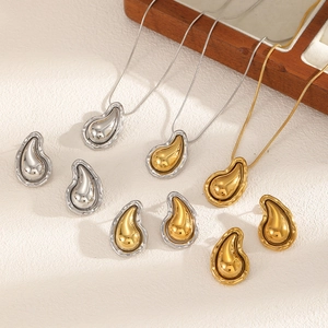 Irregular Water Drop Jewelry Set Stainless Steel Lava Texture Necklace And Earrings With Snake Bone Chain For Women