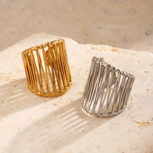 Chunky 18K gold and silver plated stainless steel cage ring with woven line design