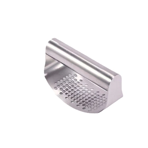 Ergonomic stainless steel rocking garlic press with circular plate on white background
