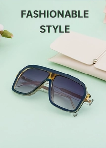 Navy blue and amber square sunglasses with gradient lenses and a leather case