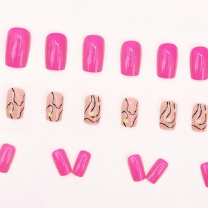 Short square press-on nails with hot pink finish and black wavy daisy patterns