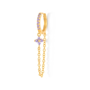 Detailed shot of golden tassel earrings with purple zircon clover pendants and chains