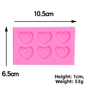Pink silicone mold with 6 heart cavities, size 10.5x6.5x1 cm for DIY cake and craft