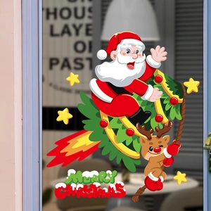 Christmas window stickers featuring Santa, reindeer, and stars for holiday scene decoration