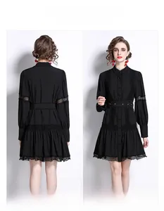 Elegant black lace patchwork dress with lantern sleeves and matching waist belt