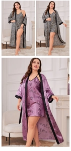 Detail of leopard print and purple satin pajamas with heart patterns and black piping