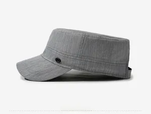 Side profile of a gray men's flat top military cadet hat for sun protection
