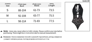 Detailed size chart for lace halter bodysuit with bust, waist and length measurements