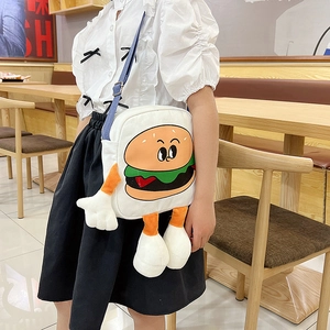 Cute canvas hamburger crossbody bag with plush 3D limbs and blue adjustable strap