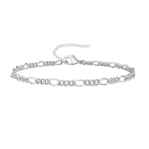Polished silver Figaro chain bracelet with adjustable lobster clasp on white background