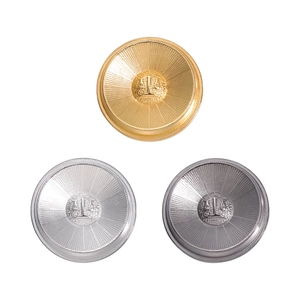 Three minimalist alloy round brooches in gold, silver, and grey with balanced scales pattern