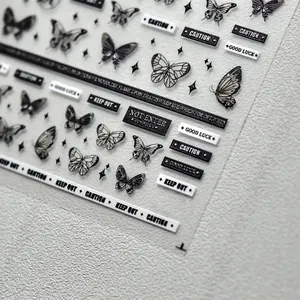 5D embossed black and white butterfly nail art stickers with gothic star motifs