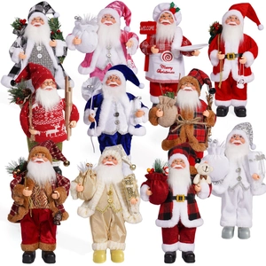 Collection of 12-inch standing Santa Claus figurines in various festive outfits and props