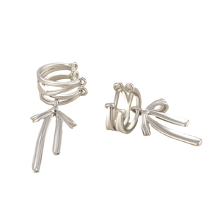 Elegant silver bow pendant clip-on earrings with tassel detail on white background