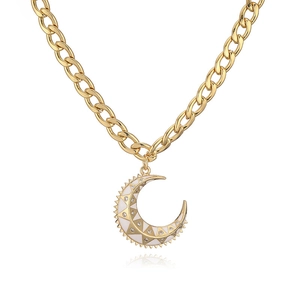 Exaggerated golden moon pendant necklace with white enamel and sparkling crystals