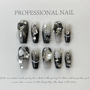 Handmade Press On Nails Long Coffin Black Grey Gradient Rhinestone Snowflakes Winter Luxury False Nails For Women