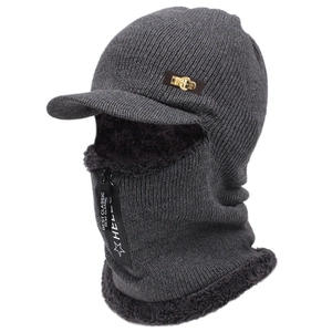 Men Winter Balaclava Hat Thick Fleece Lined Knit Integrated Neck Warmer With Brim Zipper Windproof Outdoor Cycling Cap