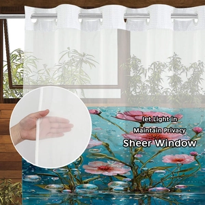 Waterproof sheer shower curtain with pink floral print and silver metal grommets