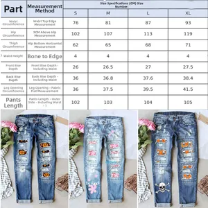 Guide des tailles détaillé pour jean droit déchiré femme avec mesures en centimètres